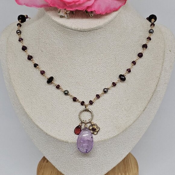 Alexis Bittar 925 Silver Vermeil Amethyst Garnet & Gray Pearl Stones Necklace - Picture 11 of 12